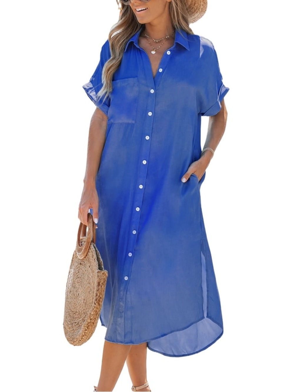 Cupshe Cobalt Blue Button-Up Short Sleeve Swim Cover-Up Pocket Dress